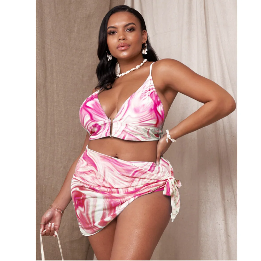 2022 summer new arrival 3 piece set bathing suits plus size 4xl tie dye swim suit high waist skirt oem swimwear for ladies