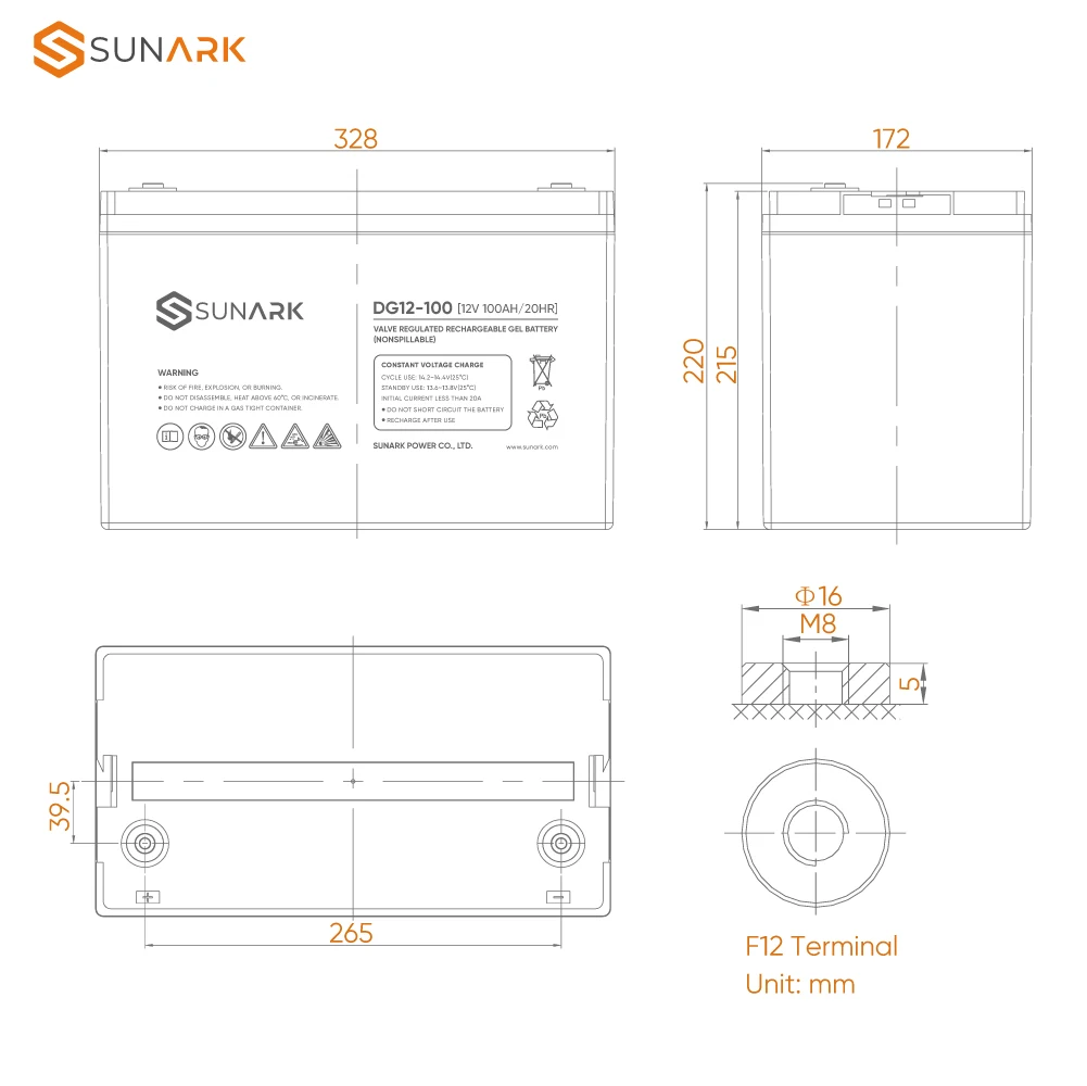 SunArk Lead Acid Tubular Batteries 12V 100Ah Factory Price Rechargeable Gel Energy Battery