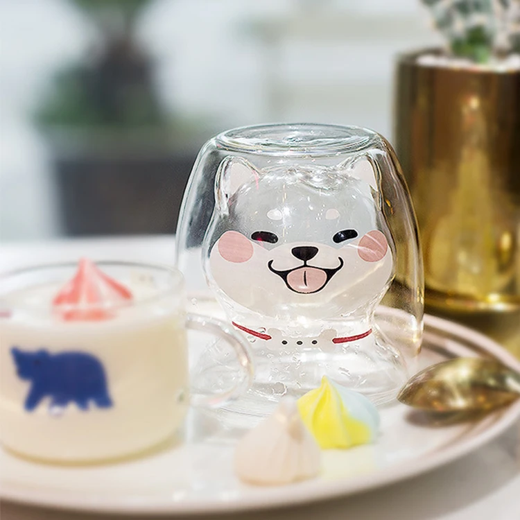2022 Cute Clear high borosilicate shiba inu design double wall glass cup