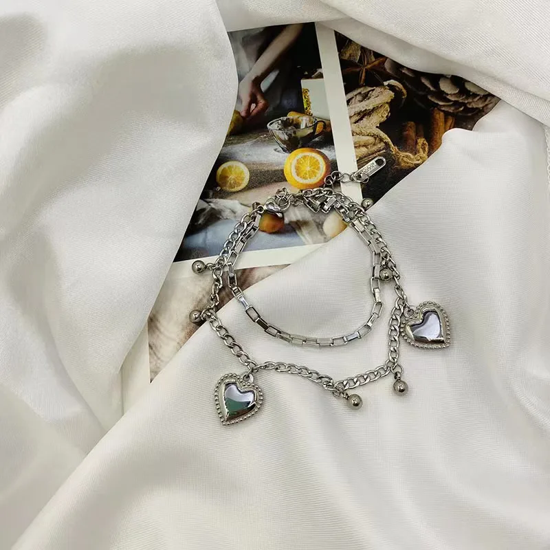 Fashion double stainless steel bracelet Gold heart-shaped laminated titanium steel bracelet male and female charm braceletgifts