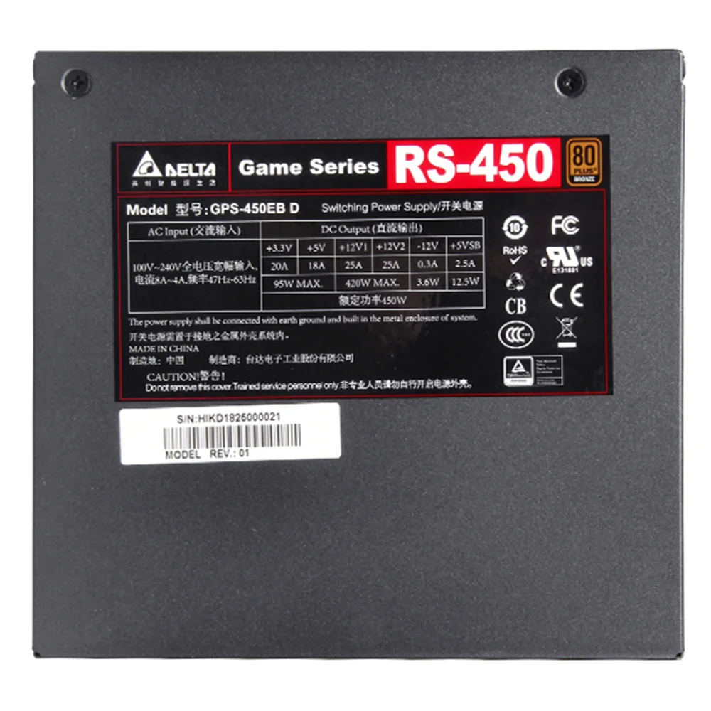 
Rated 450W PSU Red Shield RS450 Power Supply (80PLUS Bronze / Full Voltage / Active PFC) DELTA 