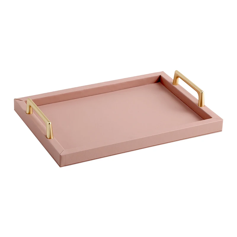 Vintage Luxury PU Leather Decor Organizer Tray Hotel Serving Tray With Gold Metal Handle Desktop Coffee Tea Storage Tray