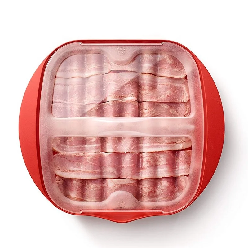 ECO Food Grade Silicone Red Microwave Lidded Bacon Crisper Microwave Bacon Maker cooker with Lid
