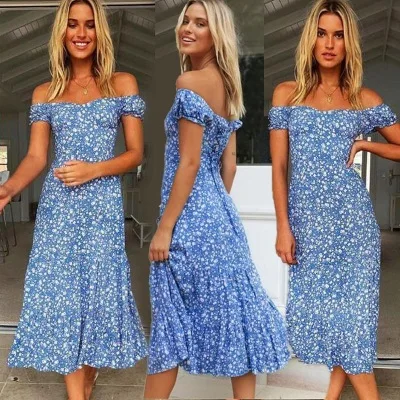 
2021 Off the Shoulder Summer Latest Elegant Floral Printed Ruffle Boho Dress Plus Size 
