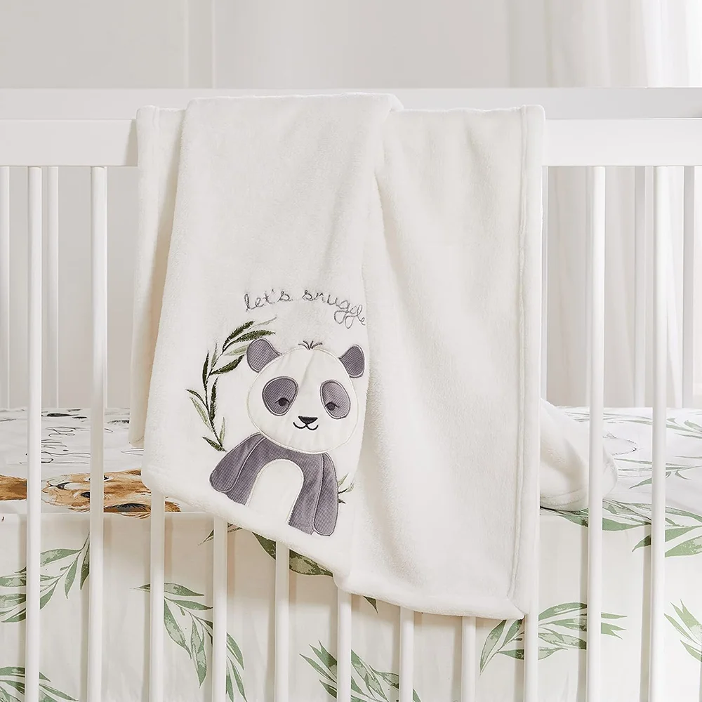 Exquisite Panda Appliqued and Embroidery Baby Bed Cozy Nursery Skin Friendly Soft Towel Cream Ultra Plush Blankets