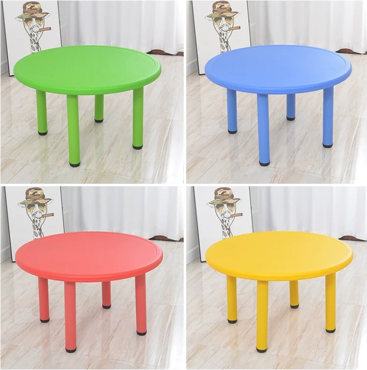Cheap price kids table and chair set stainless steel adjustable legs preschool plastic round table and chair for children