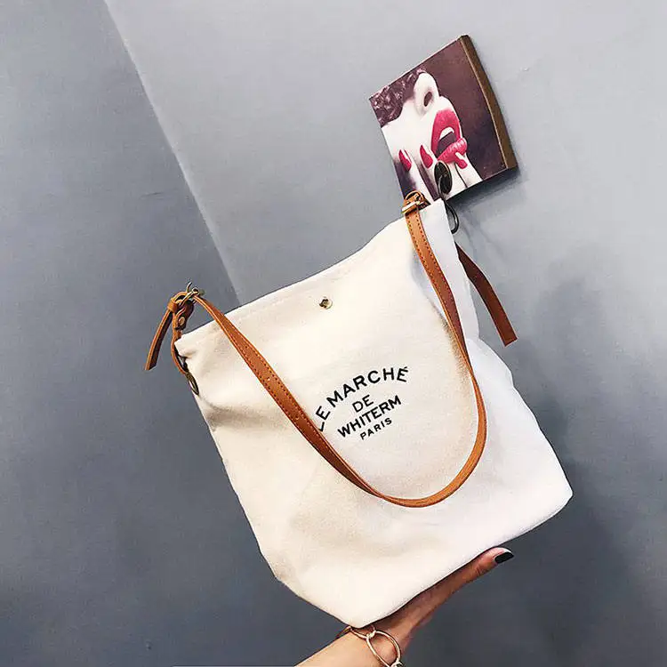 Leather handle canvas bag custom print promotional 100% cotton canvas tote bag wholesale