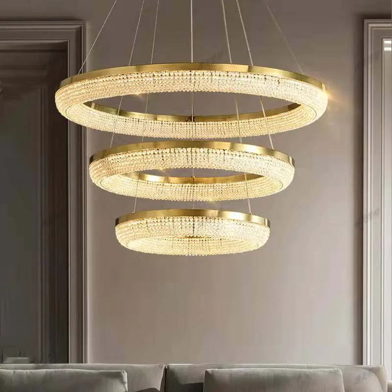 Wholesale Nordic Modern Light Luxury Living Dining Room Decor Design Line Art Circle Ring Crystal Led Strip Chandelier