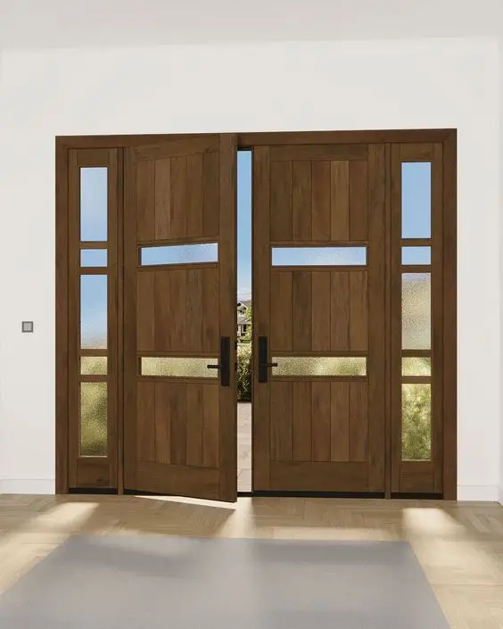 Solid Wood Door Mahogany 2 Lite Modular Modern Shaker Fancy Wooden Double Door Entrance with Sidelites for house apartment villa