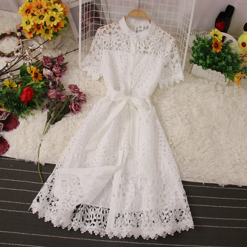 LY159  New Korean Chic Solid Color O Neck Hollow Out Midi Dress Women Sweet Dresses Clothing Wholesale 9