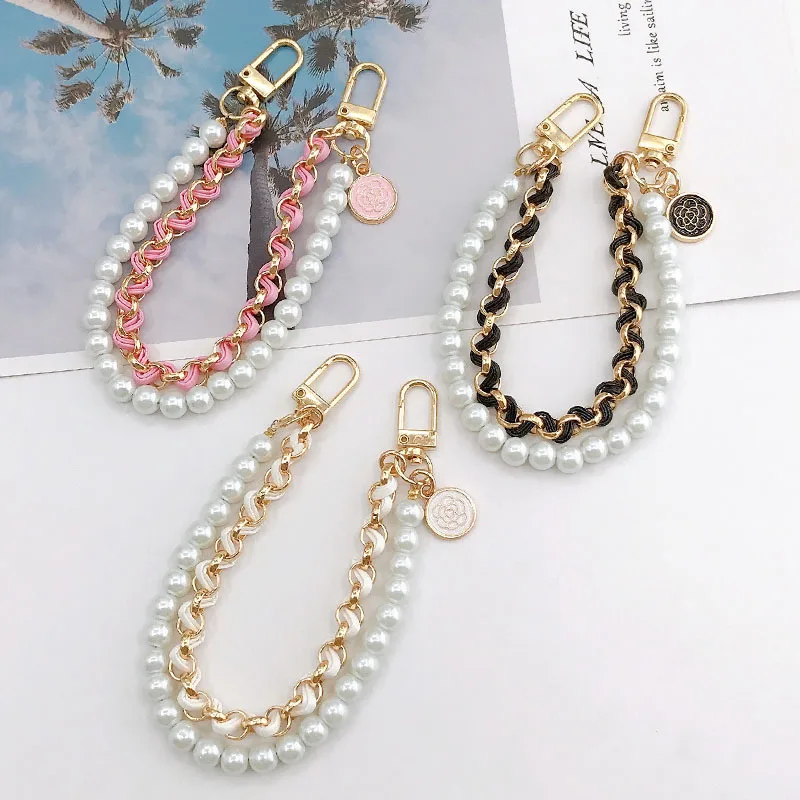 New mobile phone case accessories  chains adjustable pearl phone leather button chain for women