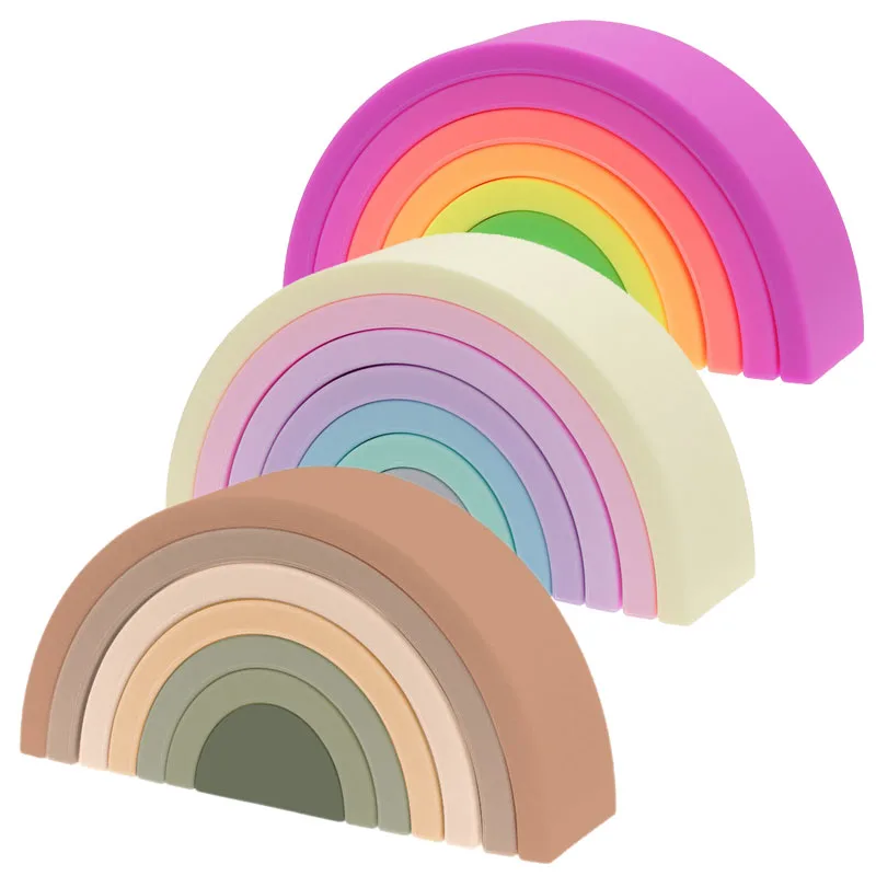 Детская силиконовая игрушка для штабелирования, радужная Штабелируемая игрушка, жесткие строительные блоки, Детские Силиконовые штабелируемые игрушки