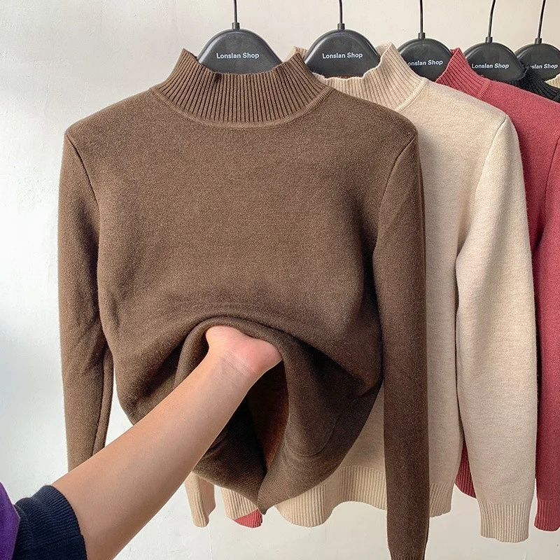 Hot Sales Women Clothing Winter Pullover Sweater Warm Jumper Korean Style High Elastic Solid Color Fleece Sweater