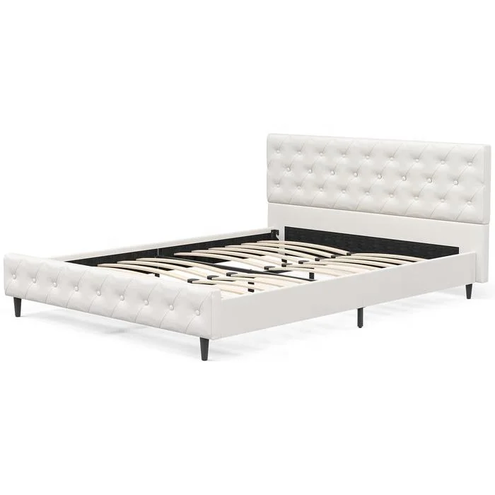 Полноразмерная белая металлическая рамка для кровати из искусственной кожи на пуговицах с мягкой платформой