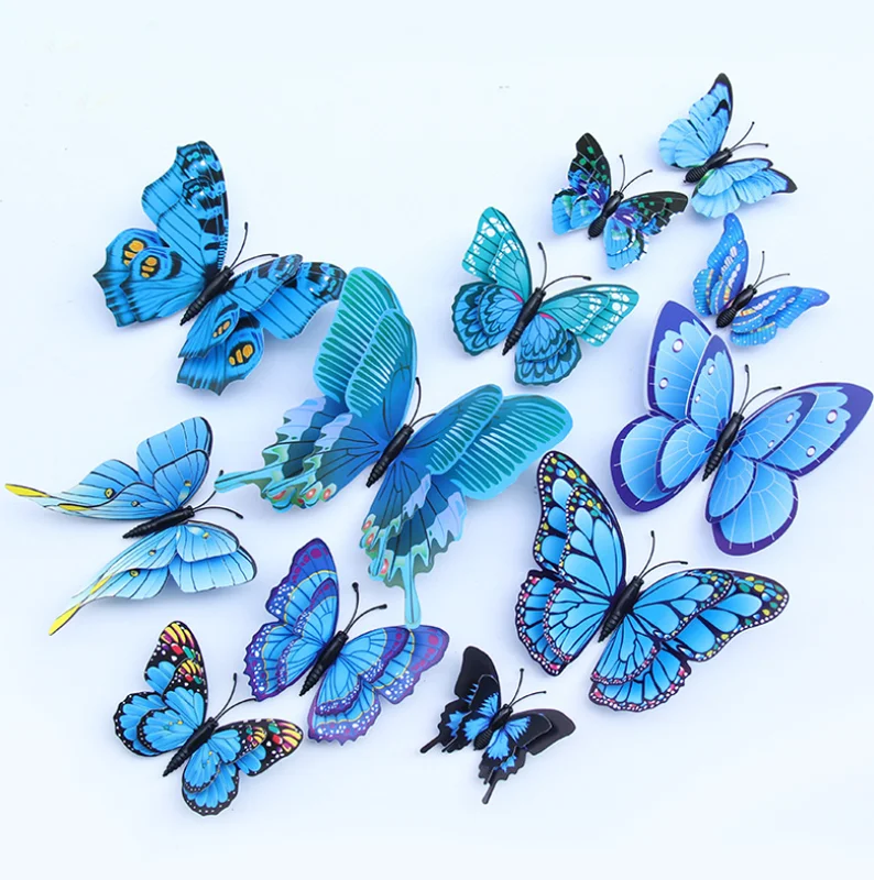 Home decoration party 3d double wing blue butterfly stickers
