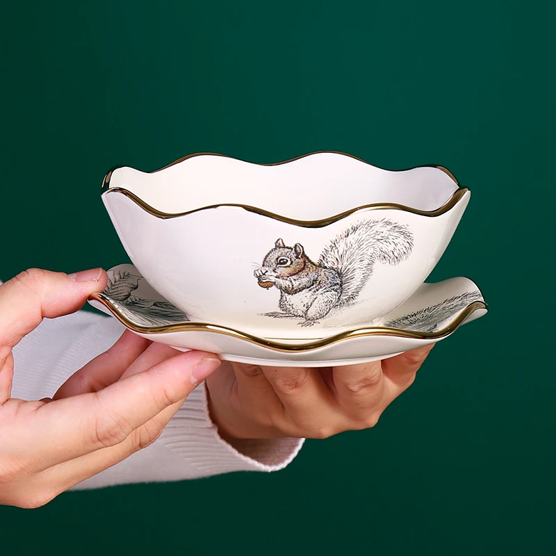 wholesale high quality decal animal pattern tableware rippled edge noddle soup ceramic bowl with gold rim