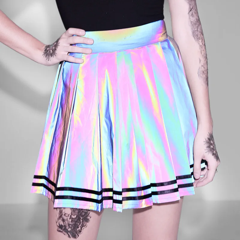 Free shipping  Stylish women reflective pleated skirt  polyester sexy fashion micro A line young girls hot mini skirt