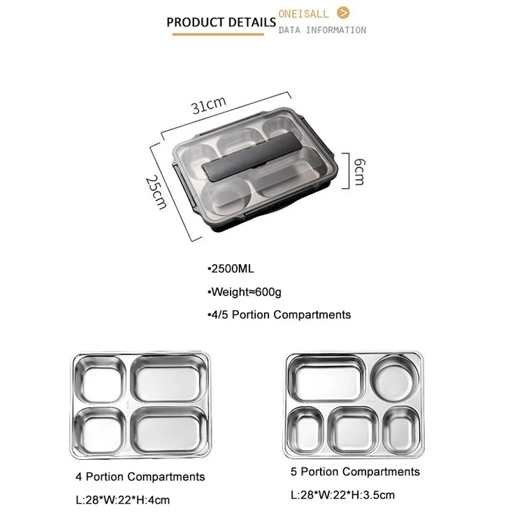 Eco Heated Food Plastic Containers Children Custom with Bag  4 Compartment Steel Lunch Box