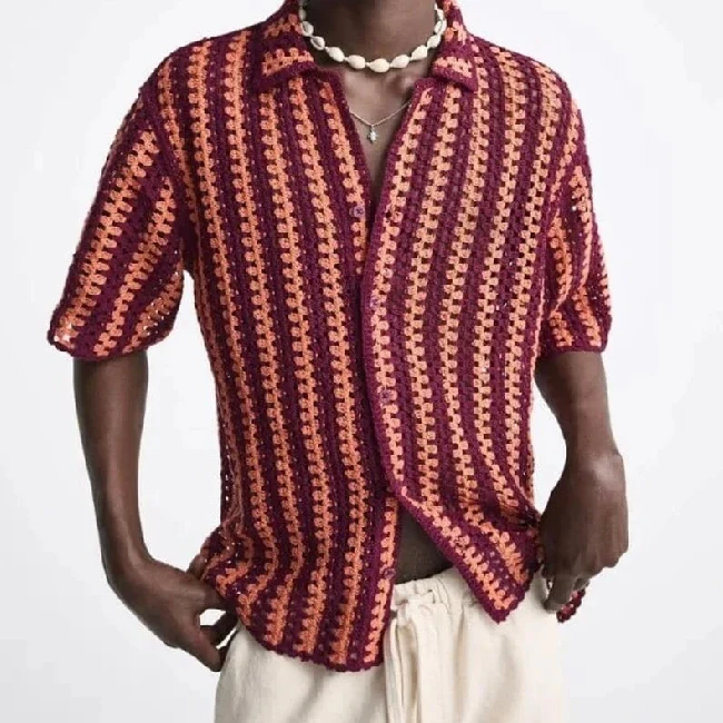 Oversized Shirts Crochet Short Sleeve Customization Summer Beach Knitted for Men Cotton Casual Custom Shirt Print Pattern V-neck