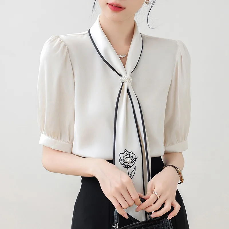 Short-sleeved Bow Neck Satin Shirt Top Casual Loose Blouse with Beading Flower Femme Blusa 8977#
