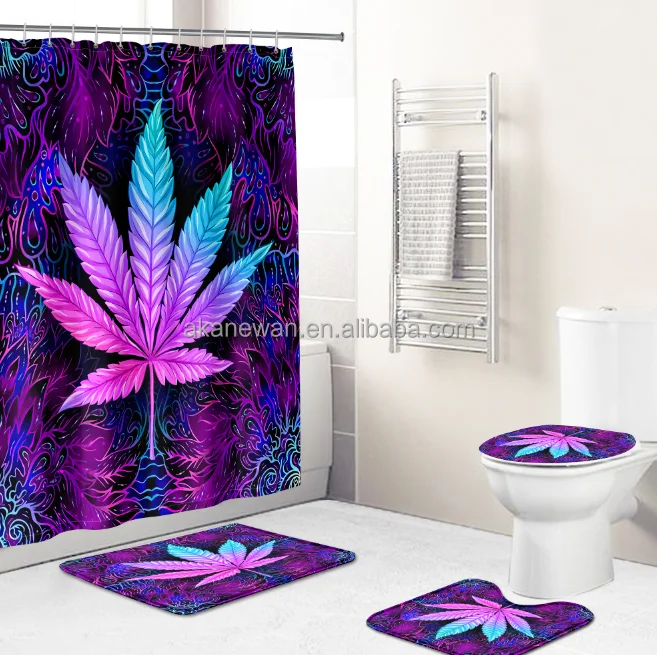 Waterproof 3D Printing weeds design  Shower Curtains Set with Hooks and Rugs for Bathroom mats