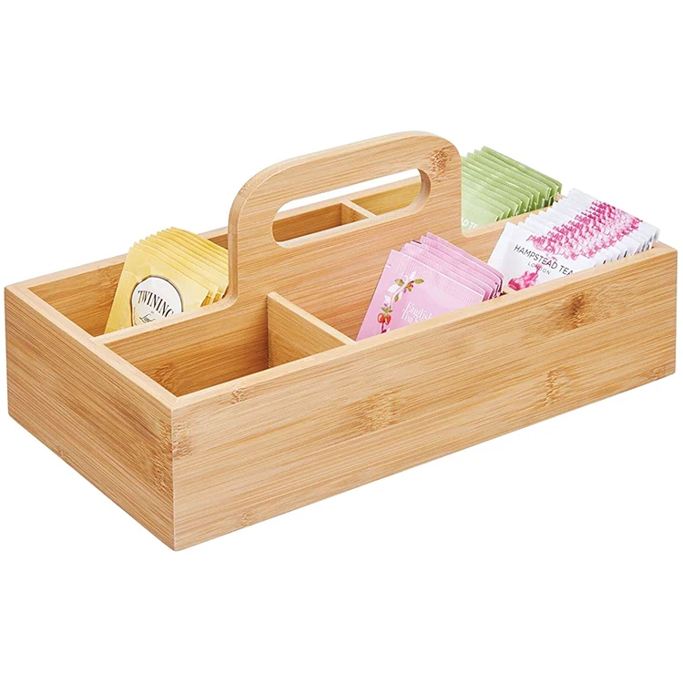 Eco-friendly Bamboo Compact Tea Storage Organizer Bamboo Handle Tray Holder for Tea Bags Coffee Packets Sugar Sweeteners
