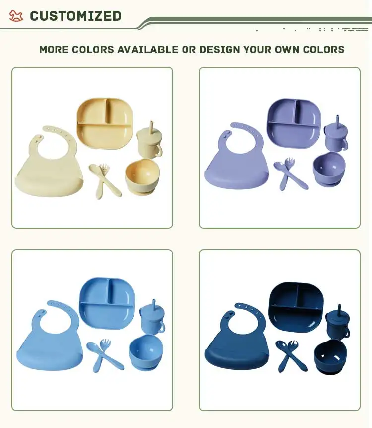 OEM&ODM wholesale custom baby products babytableware Six-piece Baby Silicone feeding sets bib
