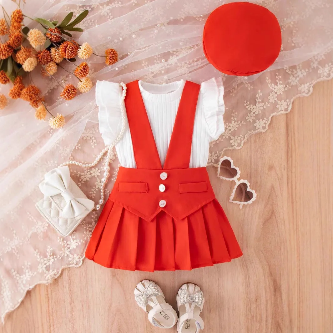 New style girls pit stripe solid color small flying sleeve vest top pleated suspender skirt hat suit