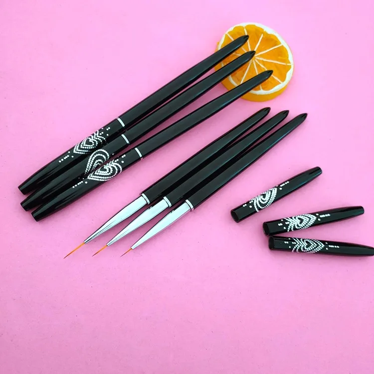 Black Rhinestone Nail Liner Painting Brush Long Liner Pen For Nail Art Stripe Pattern Brush