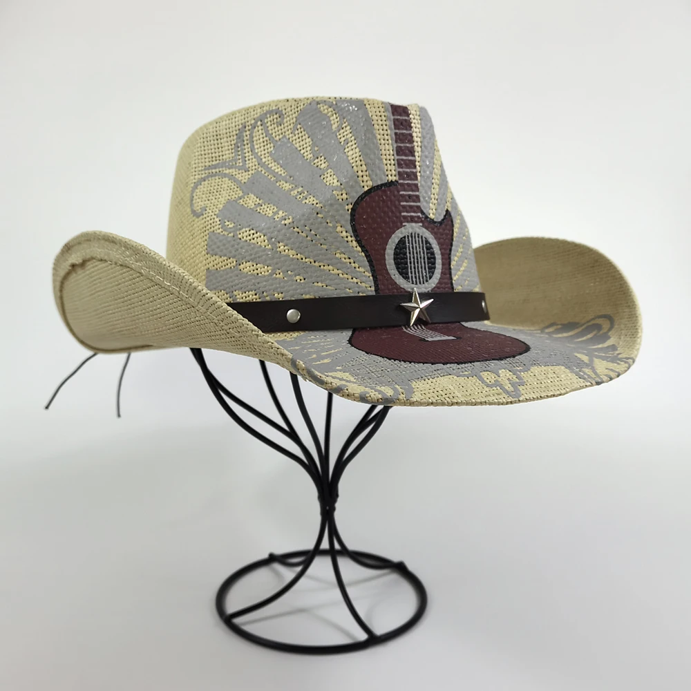 High Quality Women Paper Straw Cowgirl Straw Hat Shapable Brim Sombreros Fashion Straw Men Cowboy Hat Hand Drawn Guitar