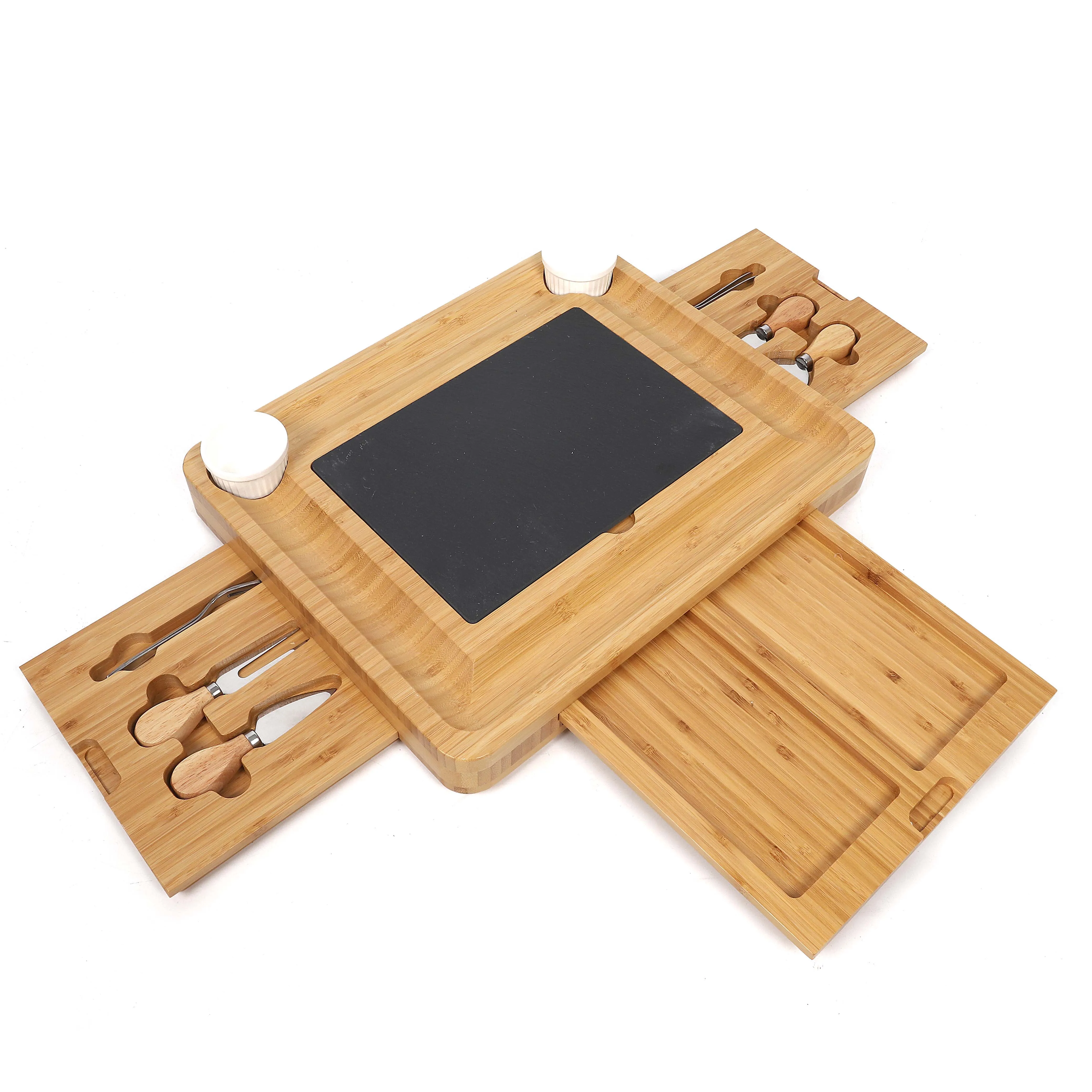 Bamboo Wine Cheese Serving Tray Handles Plus Drawer Cheese Knives cutting kitchen chop board with knife