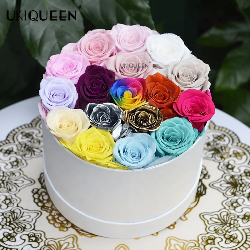 Preserved Flowers Valentines Day Gift Immortal Infinity Forever Eternal Stabilized Roses in Round Box for Home