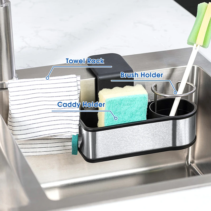 WIREKING Stainless Steel Sink Caddy Sponge Holder 3-In-1 Suction Cup Hanging Sponge Cloth Brush Holder Sink Caddy Organizer Rack