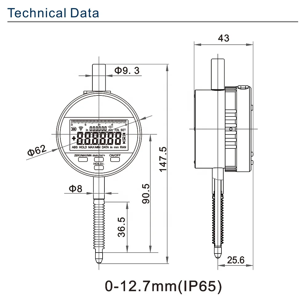 SHAHE  IP65 Metric/Inch 0-12.7 mm 0.01mm DIgital Indicator with Rechargeable Battery Waterproof Electronic dial Indicator