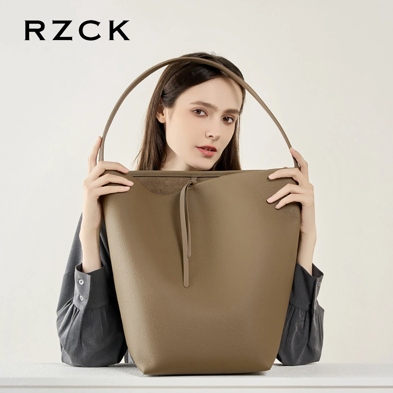 RZCK Oversized Genuine Leather Bucket Shoulder Bag for Women Custom 2024 New Fashion Extra Large Ladies Gray Tote Bag Waterproof