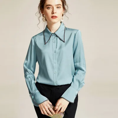 2020 New Design Pure Silk Lapel Collar Long Sleeve Rhinestone Shirt Casual Office Blouse For Ladies