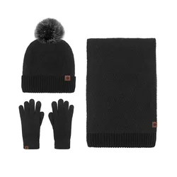 New Solid-Color Wool Warm Hat Scarf and Gloves Set Anti-cold Wool Ball and Fleece Knitted Suit