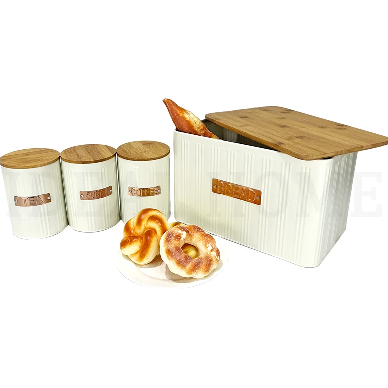 White color Cookie Sugar & Coffee Jar Plus Cutting Board Kitchen 4pc Storage Canister Set Bamboo Lids- Includes Bread box