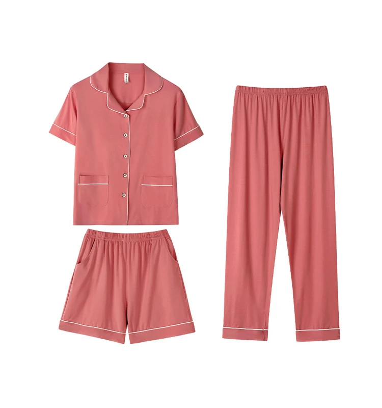 custom logo and Private Label Bamboo Cotton women sleepwear elegant short sleeve Pants 3 pieces set bamboo products