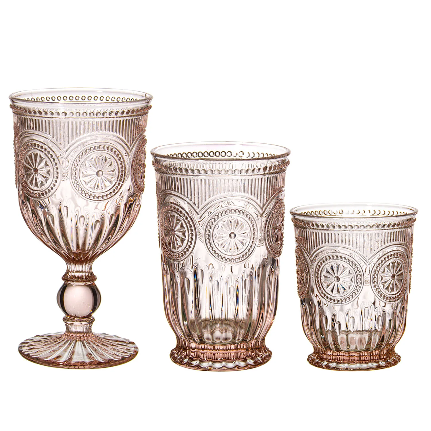 Mexico Style 550ml Pressed Sunflower pink Colored Vintage Embossed Red Wine Goblet Glasses Set