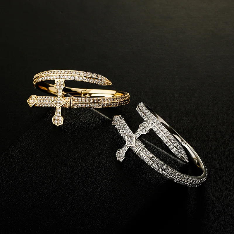 Hip Hop Men Women Bracelet Bangle Jewelry 18k Gold Plated Iced Out Bling CZ Retro Sword Bangle
