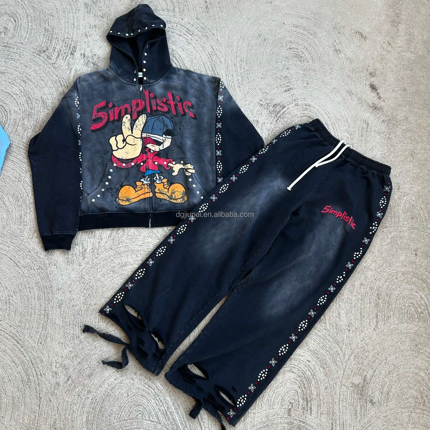 Custom Manufacturer Streetwear Rhinestone Zip up Hoodie Sweat Pants Set Acid Wash Man Tracksuit Sun Faded Men Sweatsuit
