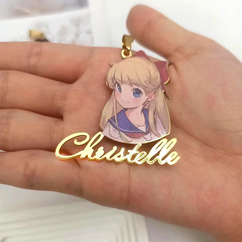 Custom Photo Name Necklace Memory Pictures Family Gift 18K Gold Plated Portrait Name Pendant Necklace