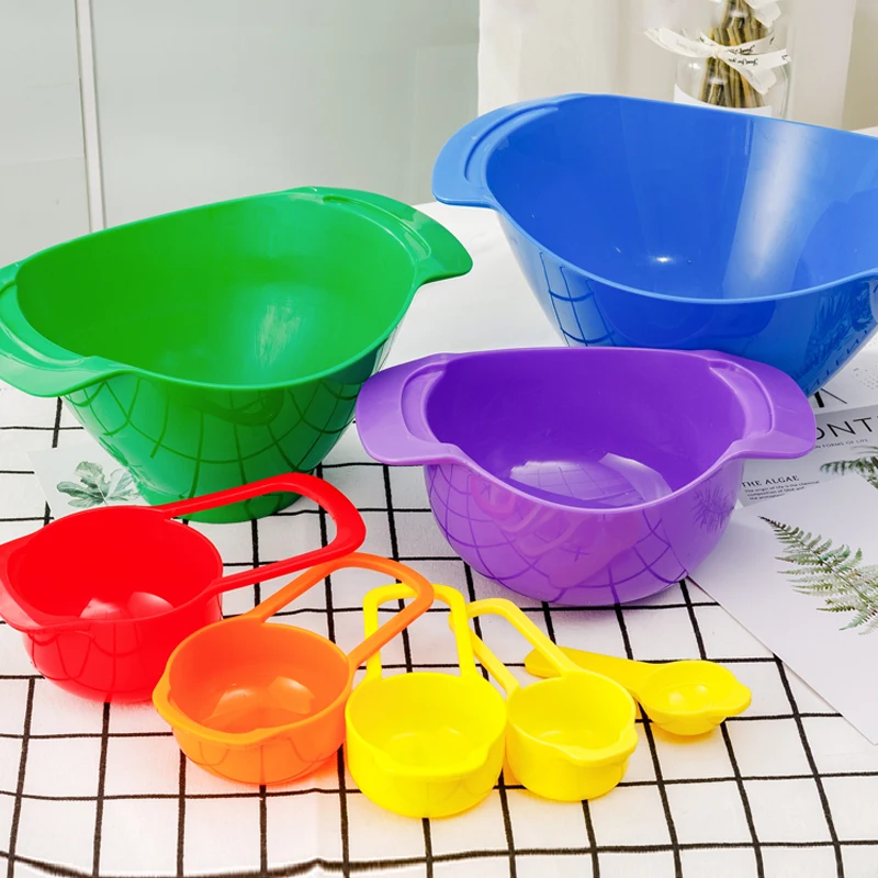 Мерные ложки и чашки для выпечки, пластиковые разноцветные мисочки разных размеров для выпечки, набор салатных Мисок