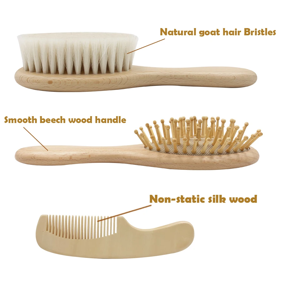 Factory Soft Goat baby hair brush newborn brush hair baby wooden hair brush and comb set