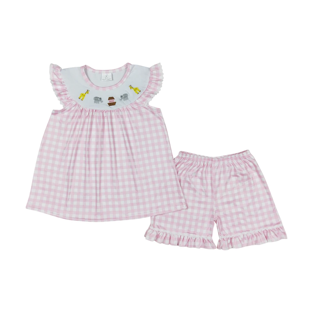 GSSO0795 Embroidered giraffe elephant pink-white plaid flying sleeve shorts set high quality little girls summer clothing sets
