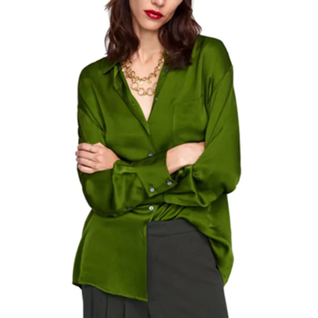 Pure color loose silk gloss long sleeves chest pocket formal blouse women
