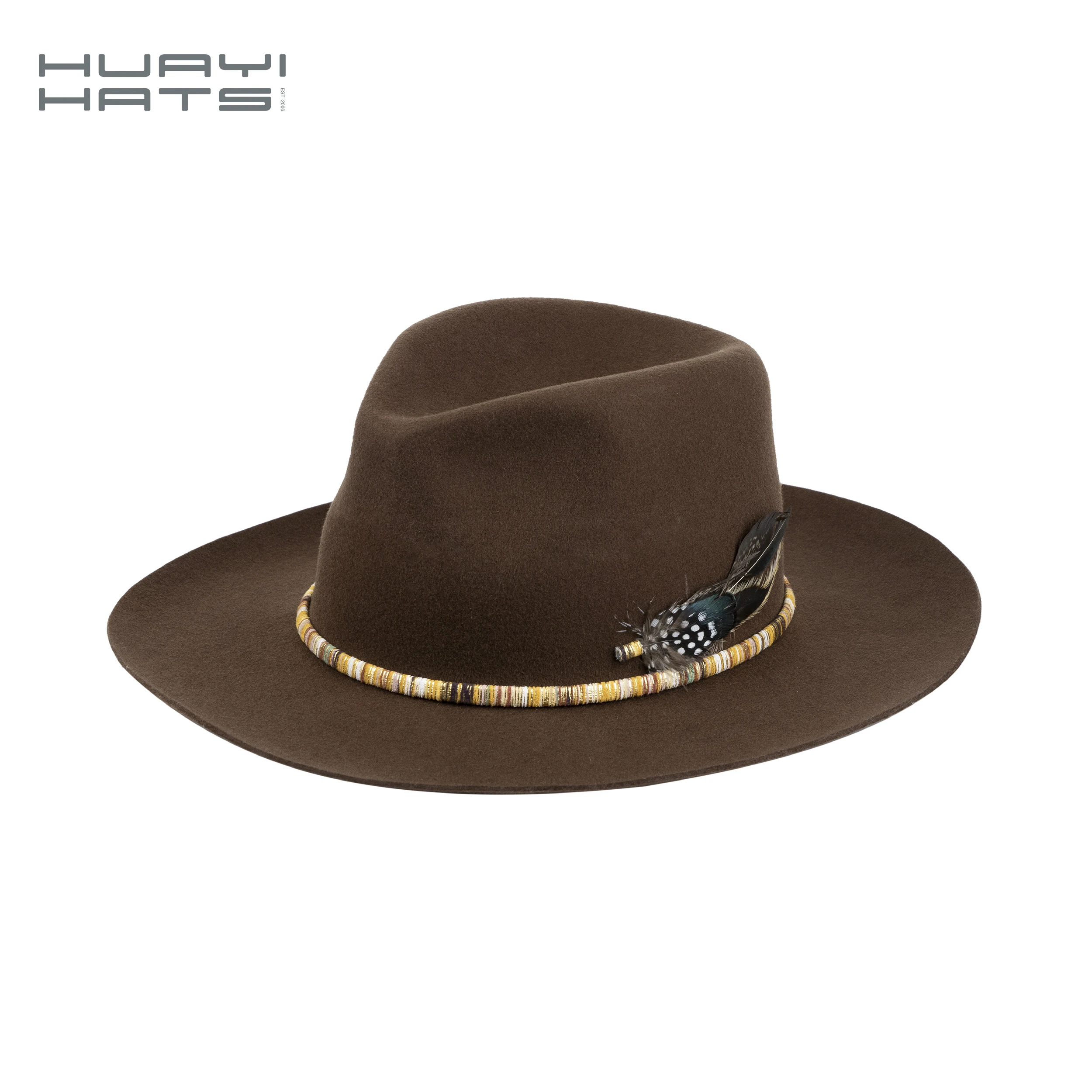 HUAYI HATS Manufacturer custom 100% wool felt wide brim hat men stylish lavish woolen fedora hat