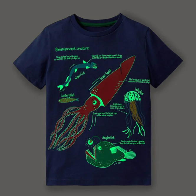 New design wholesale promotional children kids apparel fashion tops dinosaur luminous printing cotton boys t-shirts