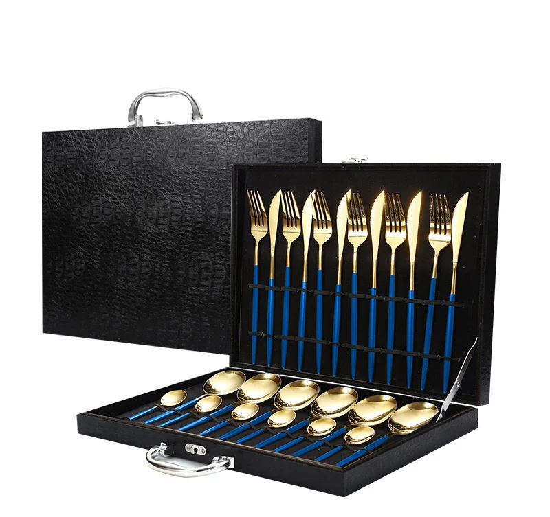 Wholesale Reusable Luxury Stainless Steel Gold Flatware Wedding Restaurant 24Pcs Modern Cutlery Set With Case